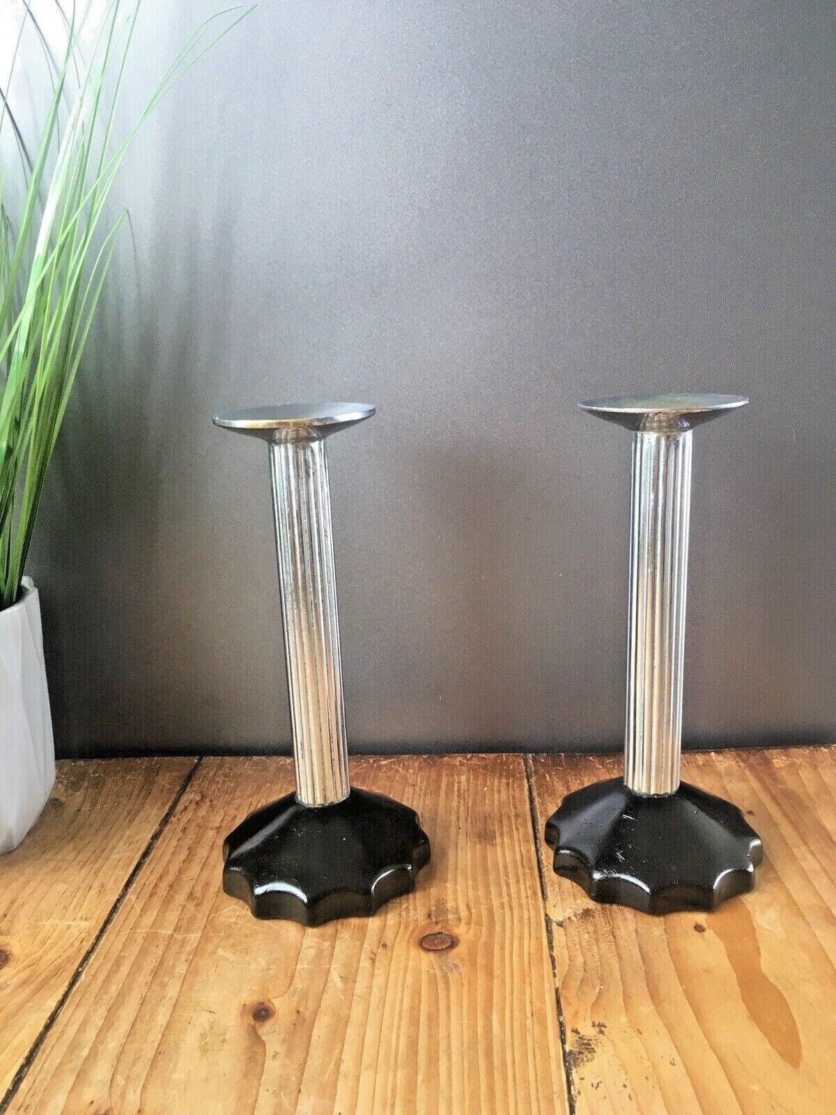 Home Decor Pair Of Unusual Art Deco Plated Corinthian Column Candlesticks Candle Holders photo