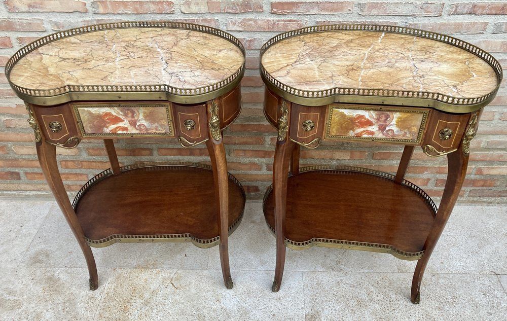 Carved Wood Kidney Shaped Bedside Tables With Bronze And Marble Top. Set Of 2 photo vinterior