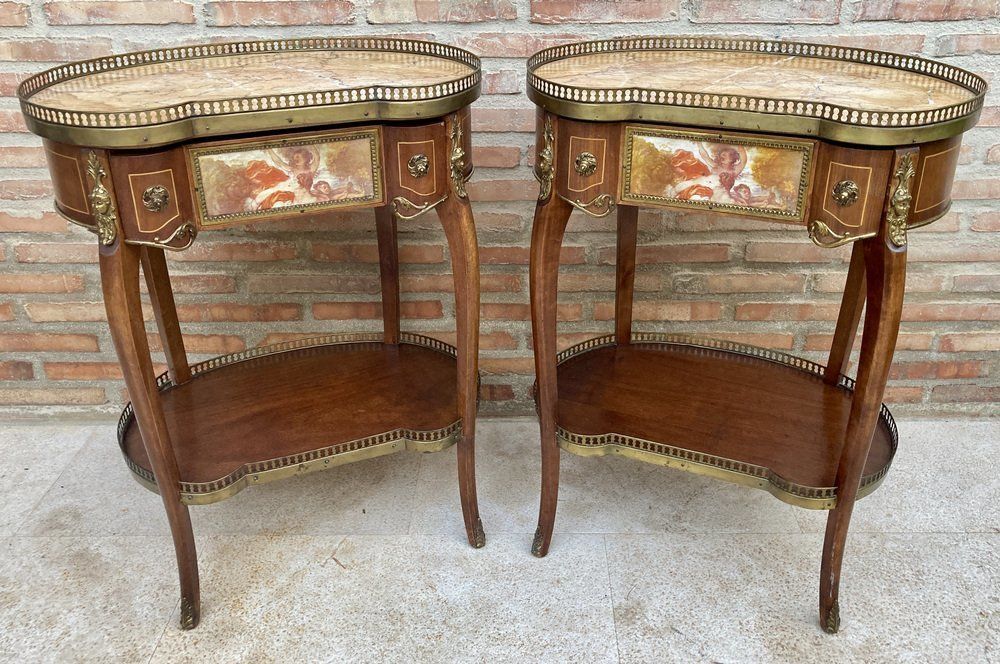 Carved Wood Kidney Shaped Bedside Tables With Bronze And Marble Top. Set Of 2 photo vintage