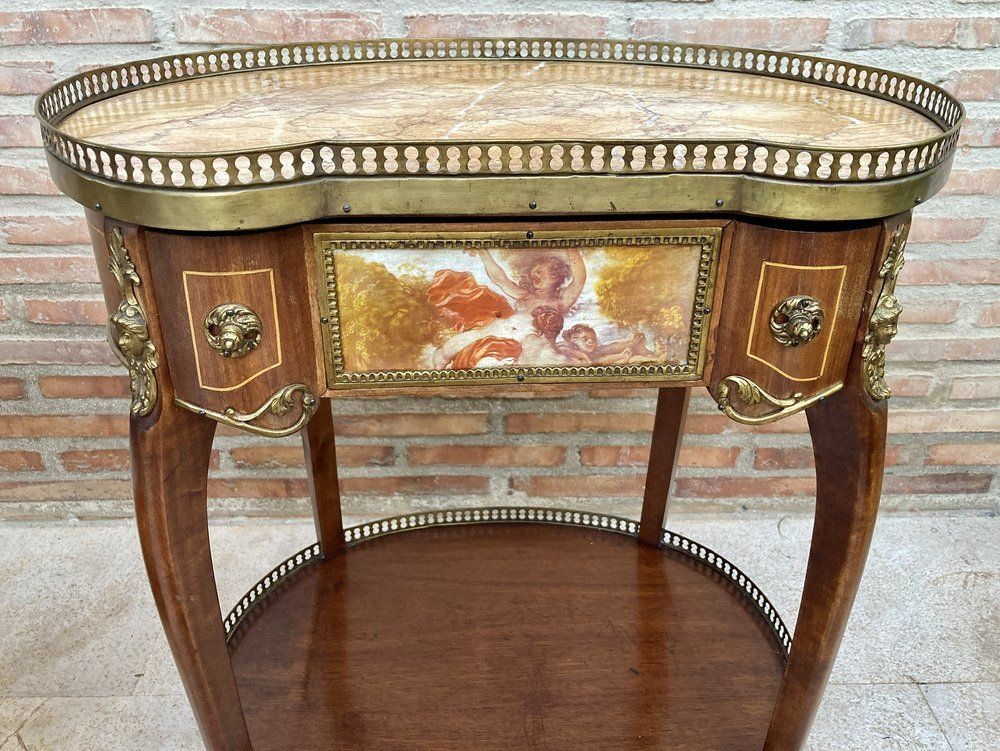 photo furniture Carved Wood Kidney Shaped Bedside Tables With Bronze And Marble Top. Set Of 2