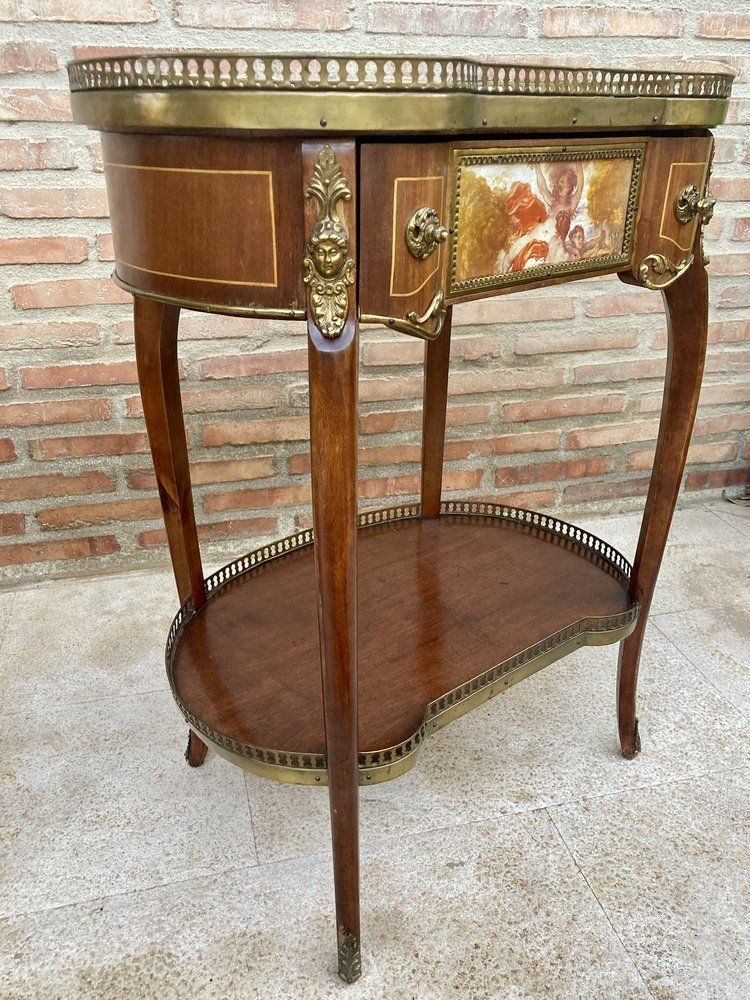 Furniture Carved Wood Kidney Shaped Bedside Tables With Bronze And Marble Top. Set Of 2 photo