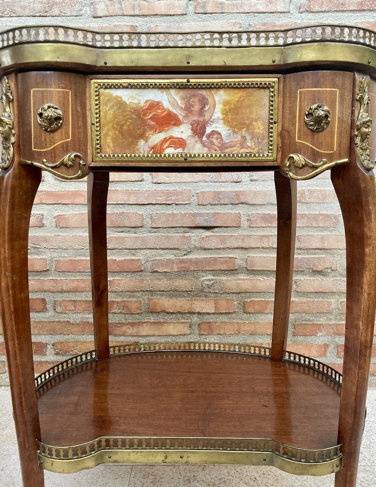 3652.0 Carved Wood Kidney Shaped Bedside Tables With Bronze And Marble Top. Set Of 2 photo