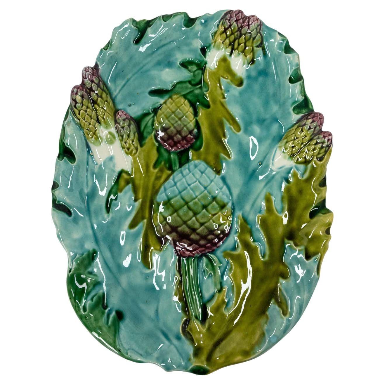French Art Nouveau Barbotine Vegetables Dish, Glove Box Or Centerpiece, 1900