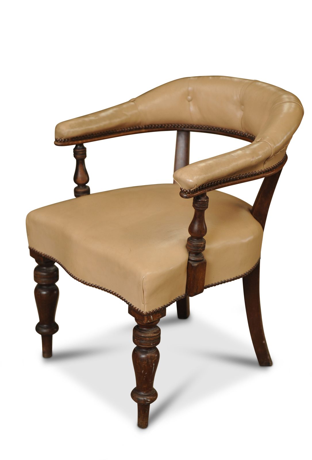 19th Century Cream Leather Buttonback Open Frame Armchair With Hand Turned Uprights Finished With Stud Detailing Ol photo Furniture
