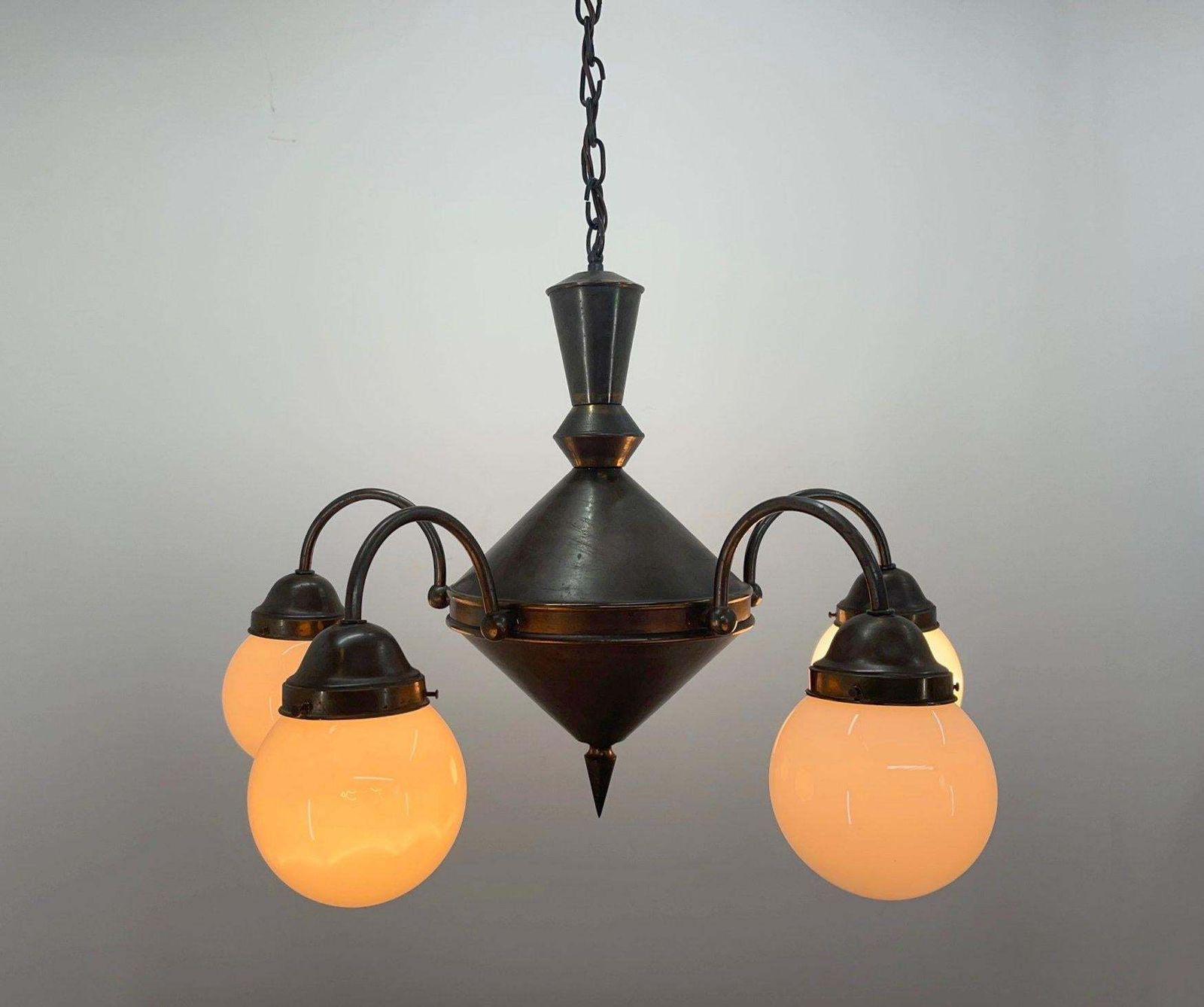 Art Deco Metal And Milk Glass Chandelier, 1930's photo Lighting