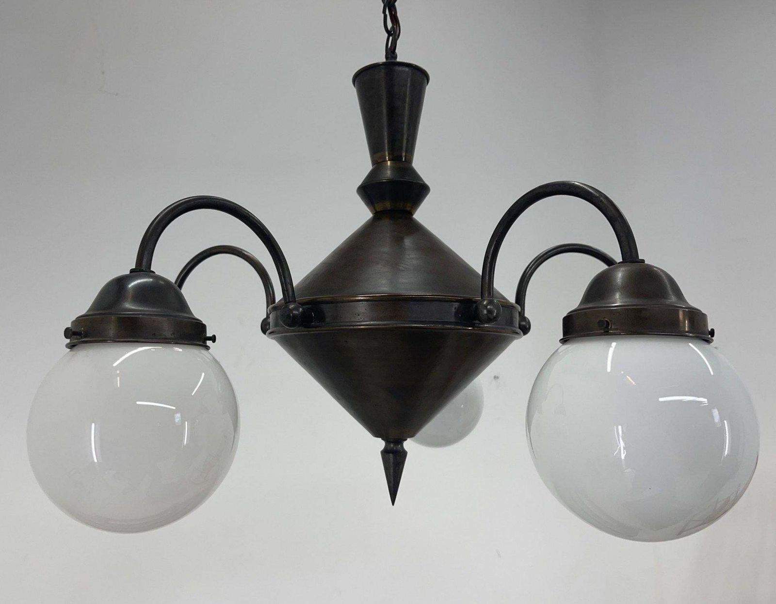 photo for sale Art Deco Metal And Milk Glass Chandelier, 1930's