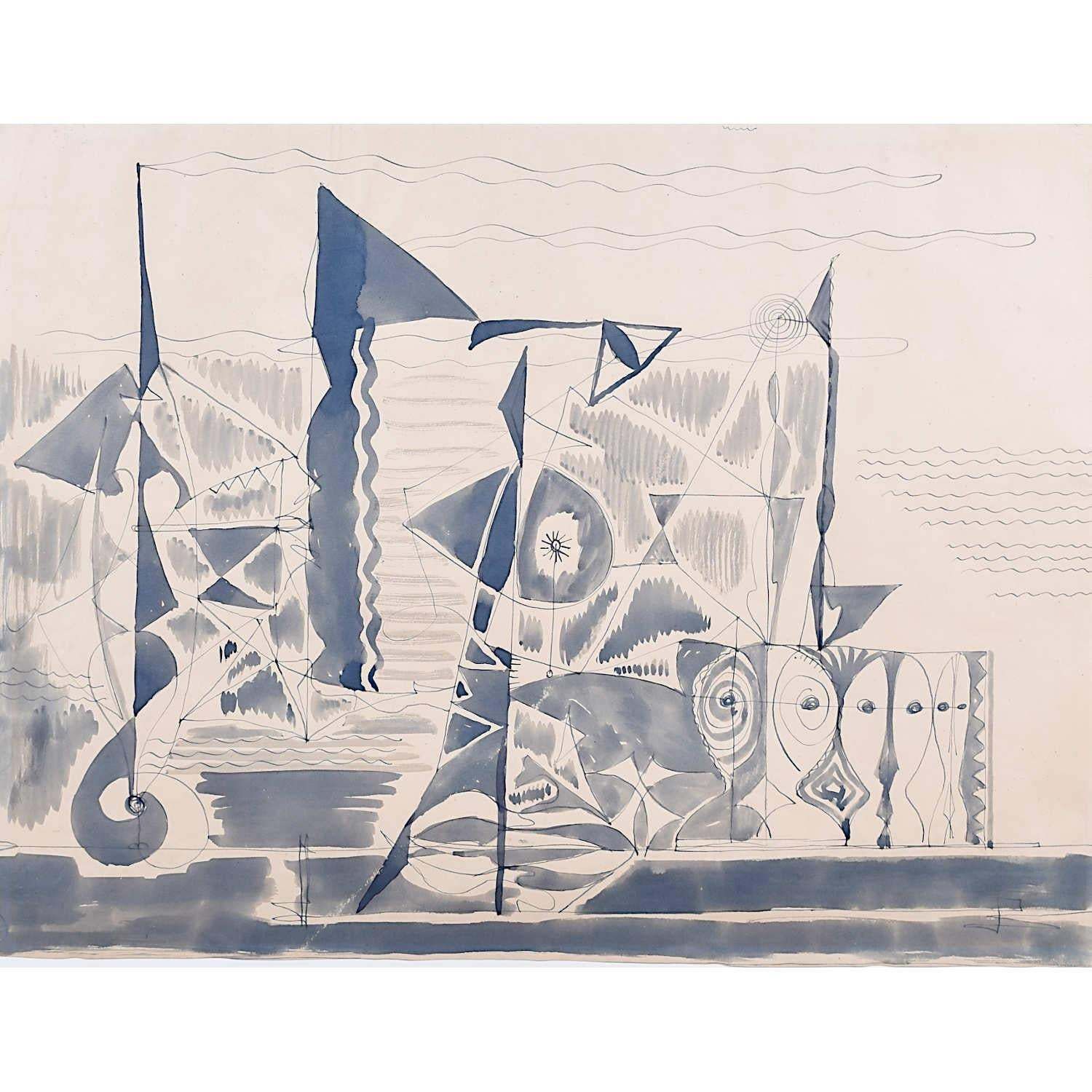 Charles Pulsford Arsa 'Abstract Harbour' Watercolour Modern British Art Scottish photo furniture