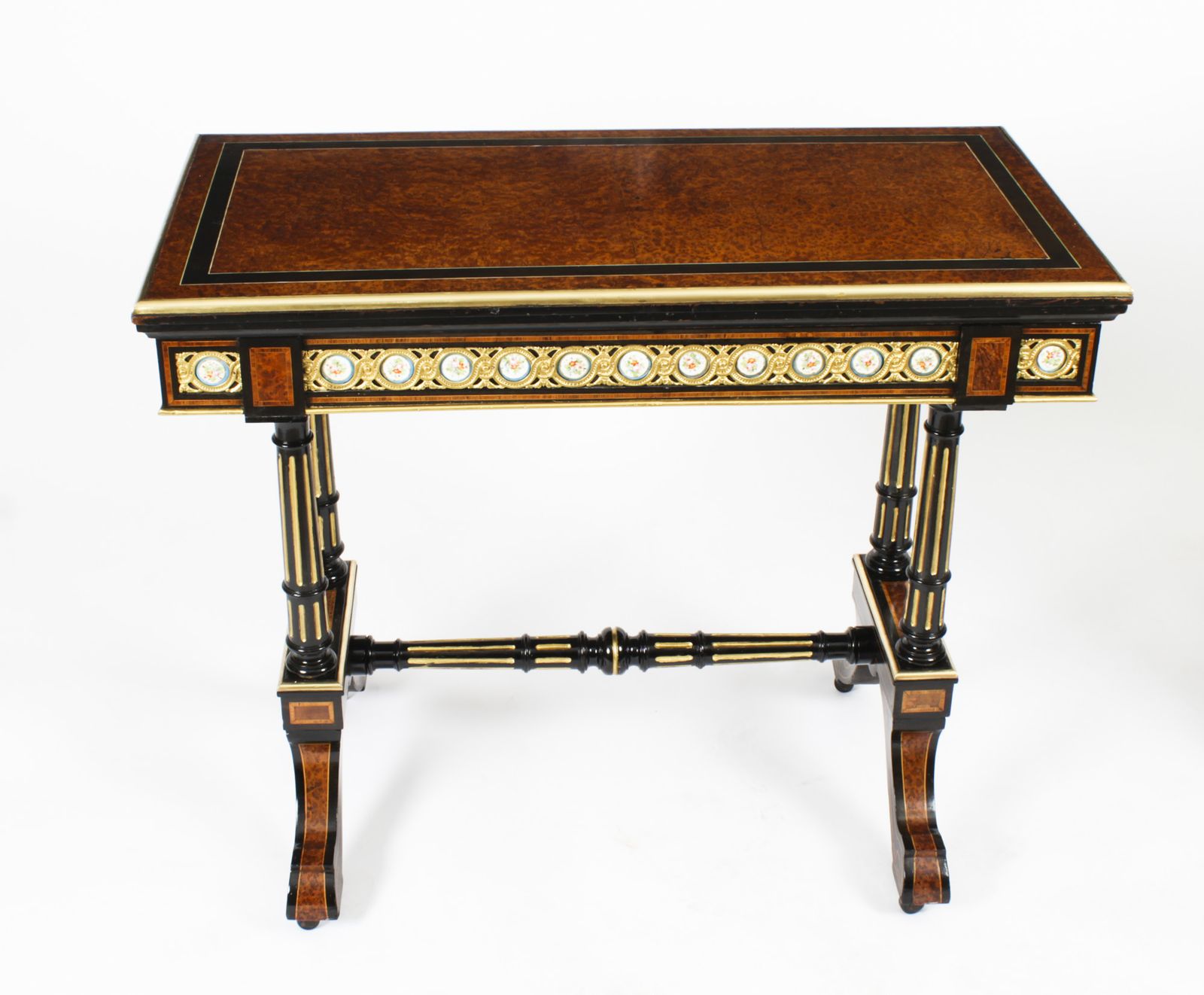 Antique Pair Amboyna Card Tables With Porcelain Plaques 19th Century photo for sale