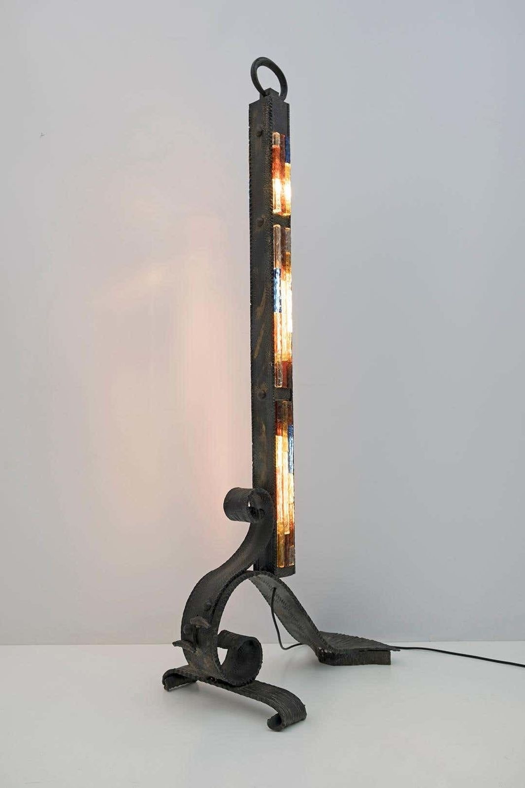 Poliarte Brutalist Italian Wrought Iron And Color Raw Glass Floor Lamp, 1960s photo vinterior