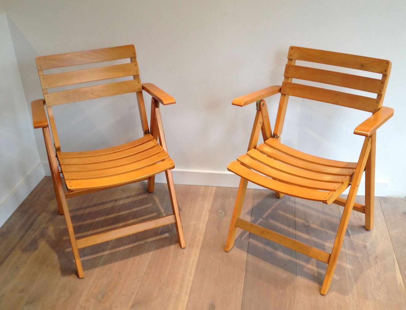 Pair Of Folding Armchairs In Varnished Wood Signed Clairitex photo 950.0