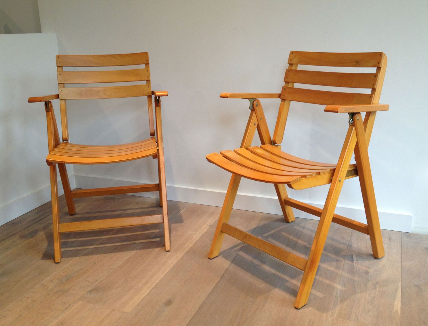 Pair Of Folding Armchairs In Varnished Wood Signed Clairitex photo vinterior