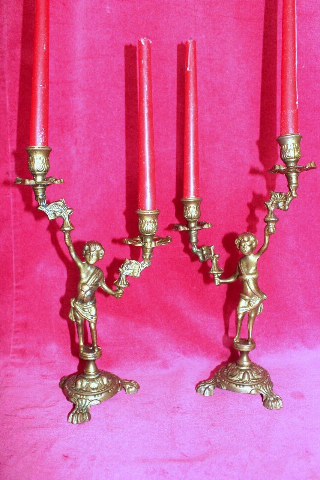 French Vintage Pair Of Ornately Gold Patina Bronze Candle Holders Cherubs photo furniture