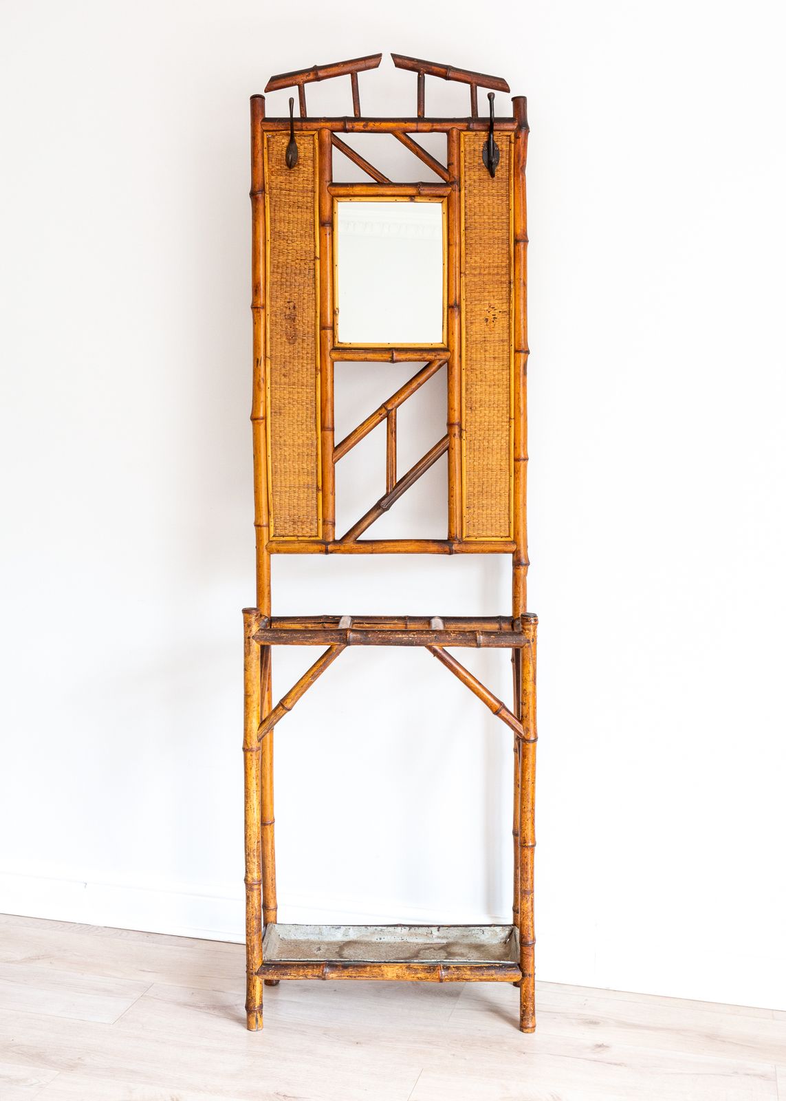 photo for sale Boho Bamboo Hall Stand Mirrored Coat Rack With Umbrella Stand Stick Stand Chinoiserie French Mid Century Aesthetic Movement