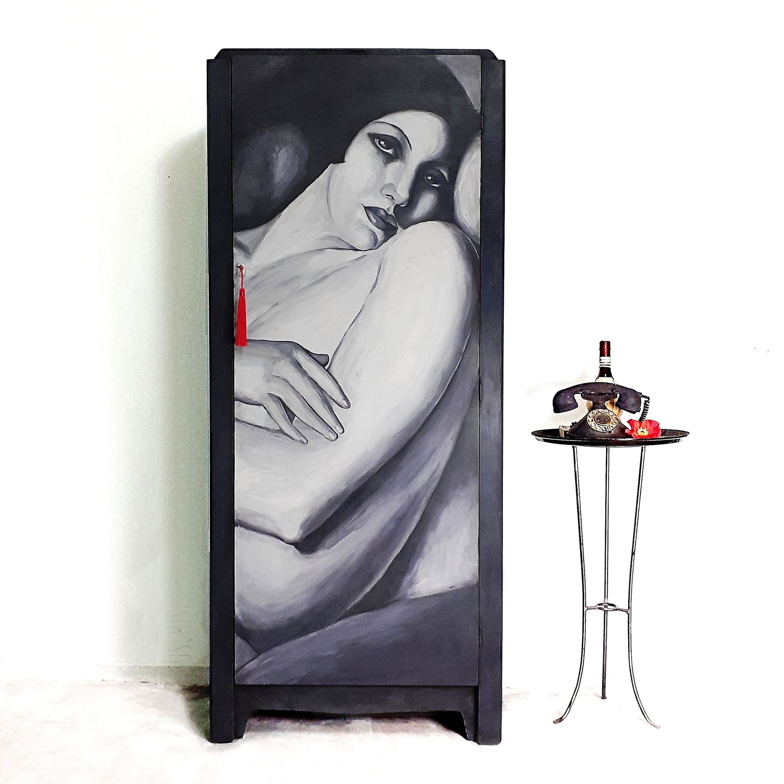 photo for sale Vintage Lebus Wardrobe Hand Painted In Black And White Female Figure