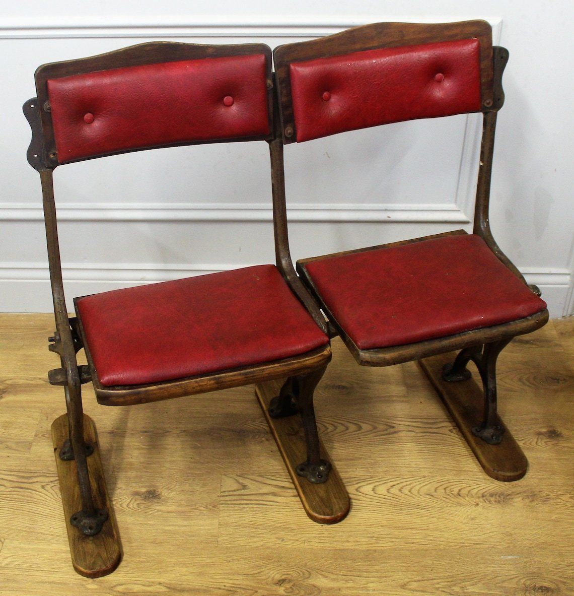 Vintage Two Seater Folding Theatre Cinema Chairs Antique Industrial Retro Hall Hallway Opera Stacking Art Deco photo for sale