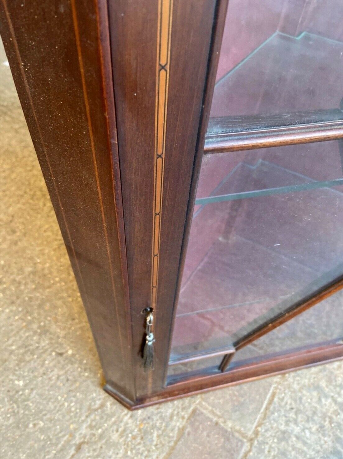 20thc Glazed Mahogany Wall Corner Cabinet Inlaid 2 Glass Shelves photo Furniture