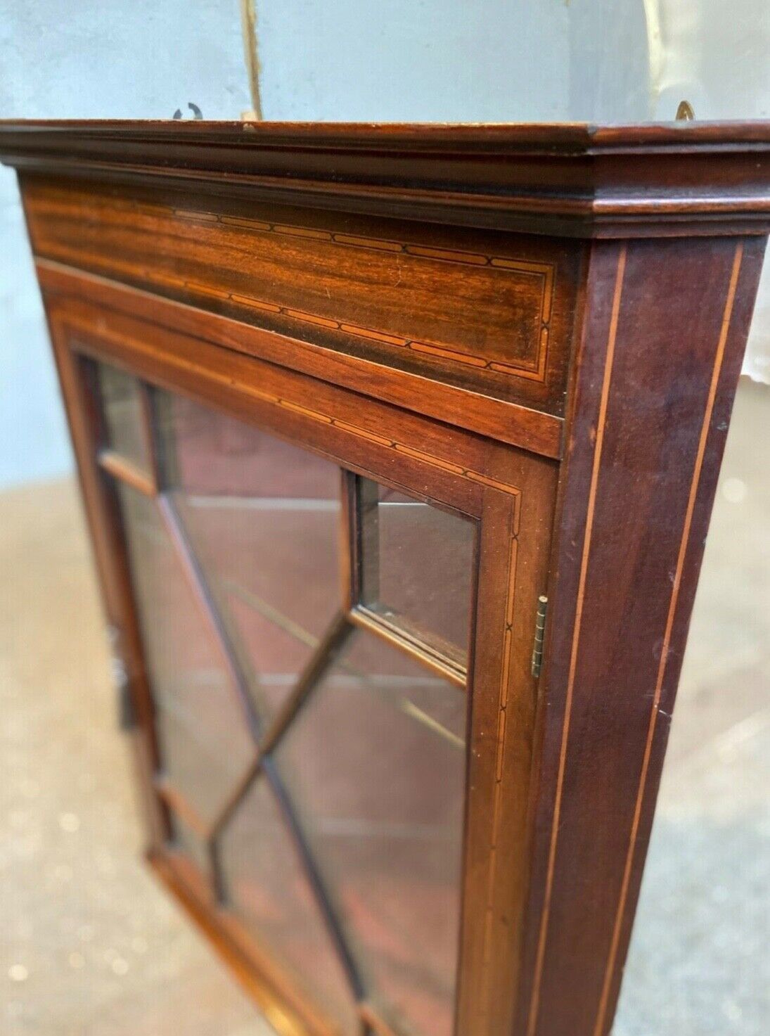 20thc Glazed Mahogany Wall Corner Cabinet Inlaid 2 Glass Shelves photo buy