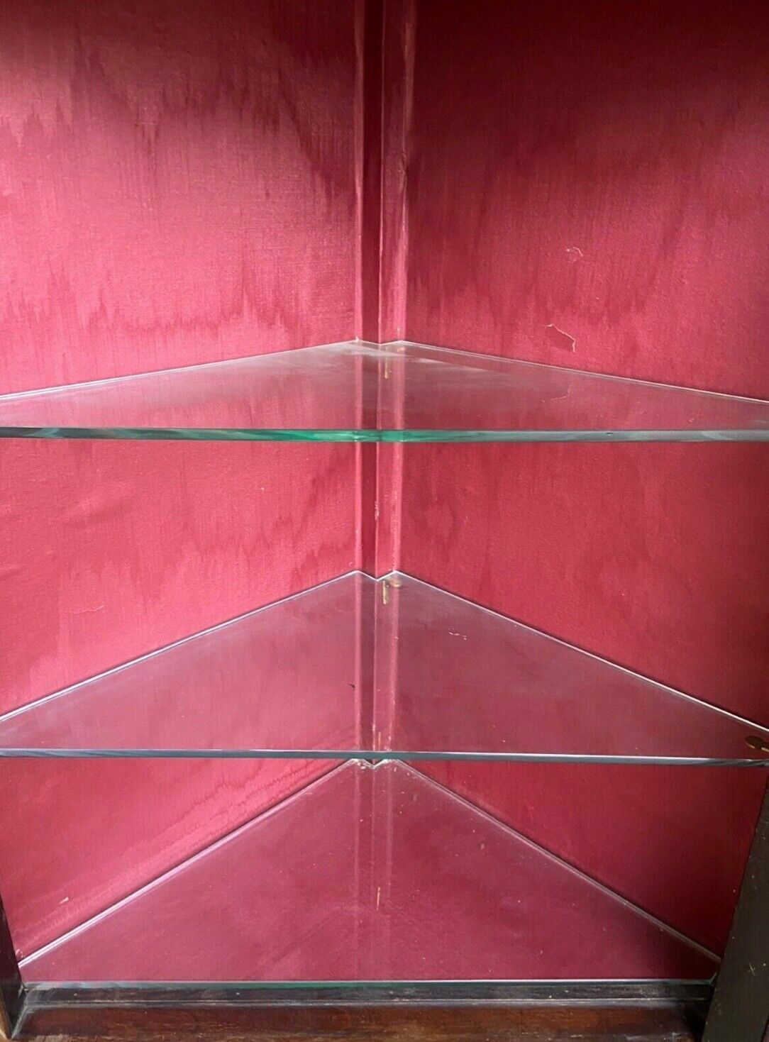 photo furniture 20thc Glazed Mahogany Wall Corner Cabinet Inlaid 2 Glass Shelves