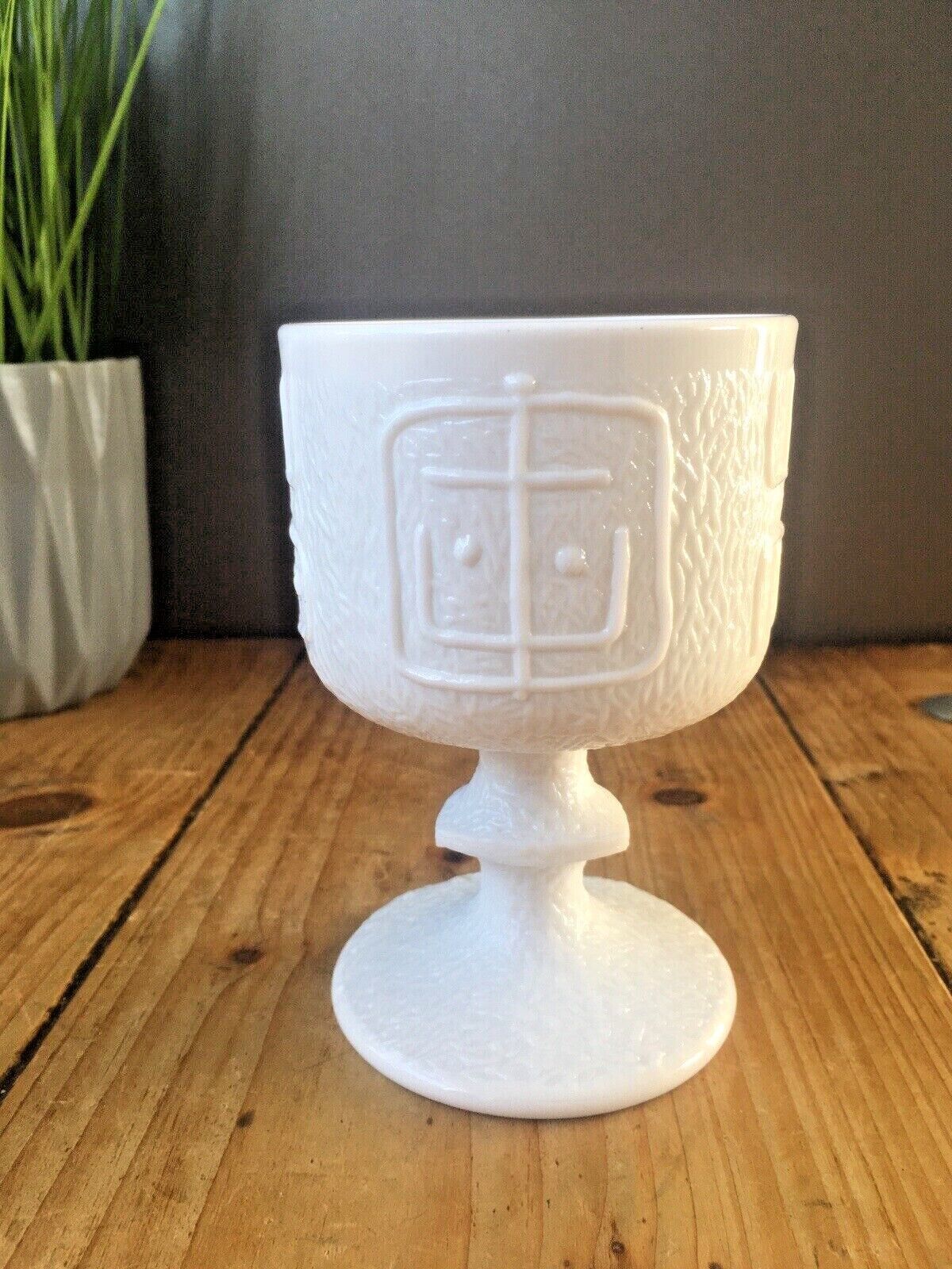 Unusual Milk Glass Goblet Retro Scandi Tribal Design Totem Portmeirion 60's 70's photo for sale