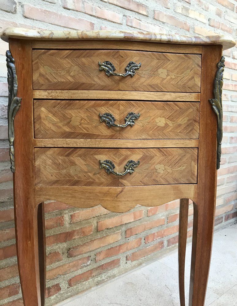 Mid Century Bedside Tables In French Walnut With Marquetry & Marble Top, Set Of 2 photo Furniture