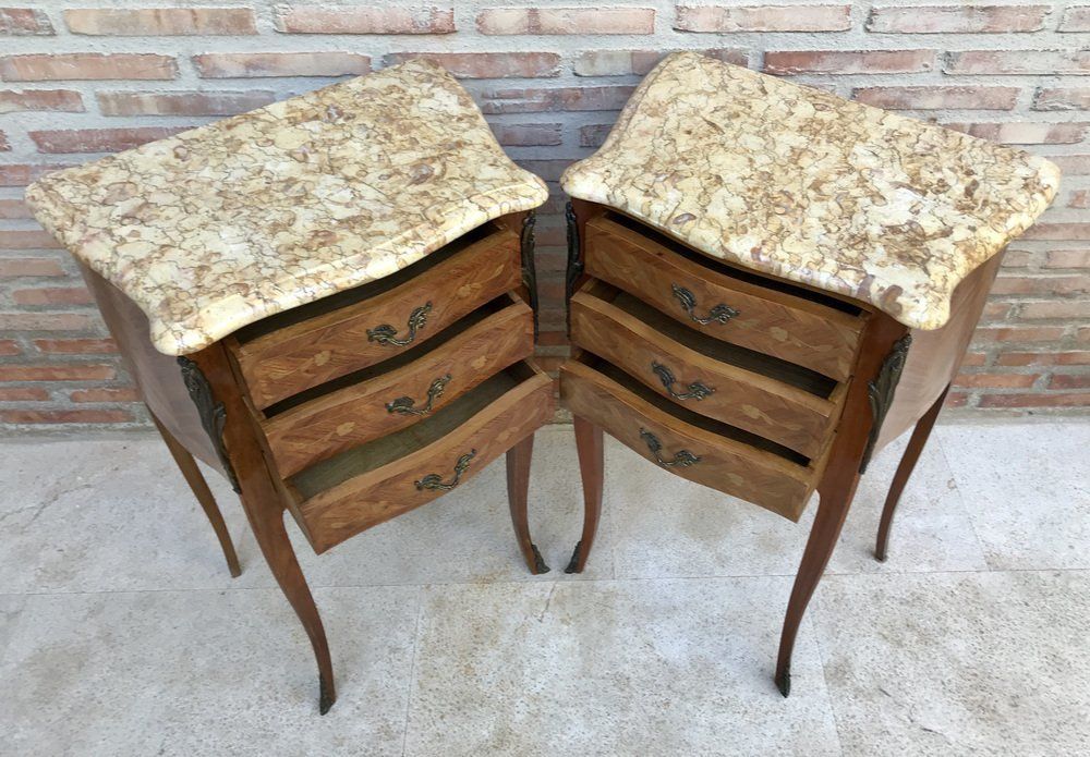 photo furniture Mid Century Bedside Tables In French Walnut With Marquetry & Marble Top, Set Of 2