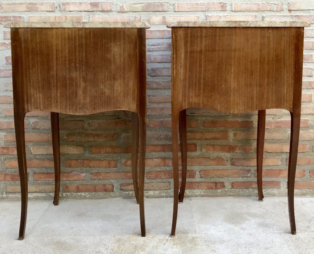 3129.0 Mid Century Bedside Tables In French Walnut With Marquetry & Marble Top, Set Of 2 photo