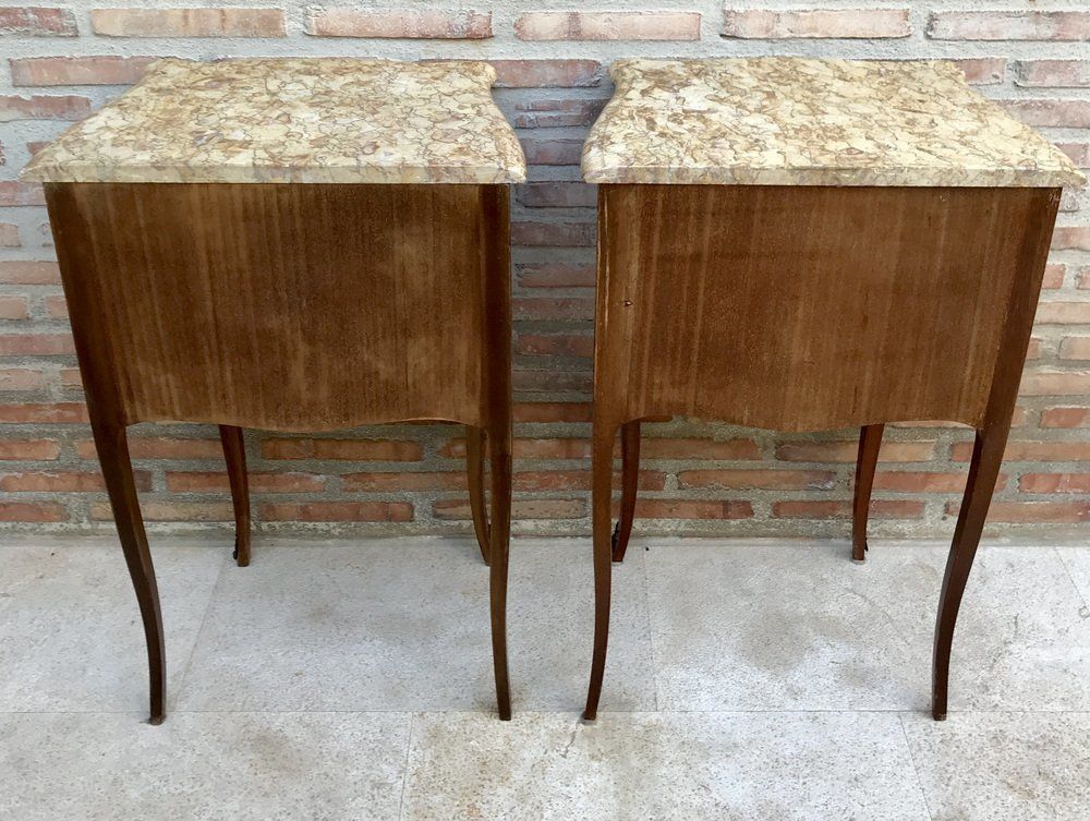 photo vinterior Mid Century Bedside Tables In French Walnut With Marquetry & Marble Top, Set Of 2