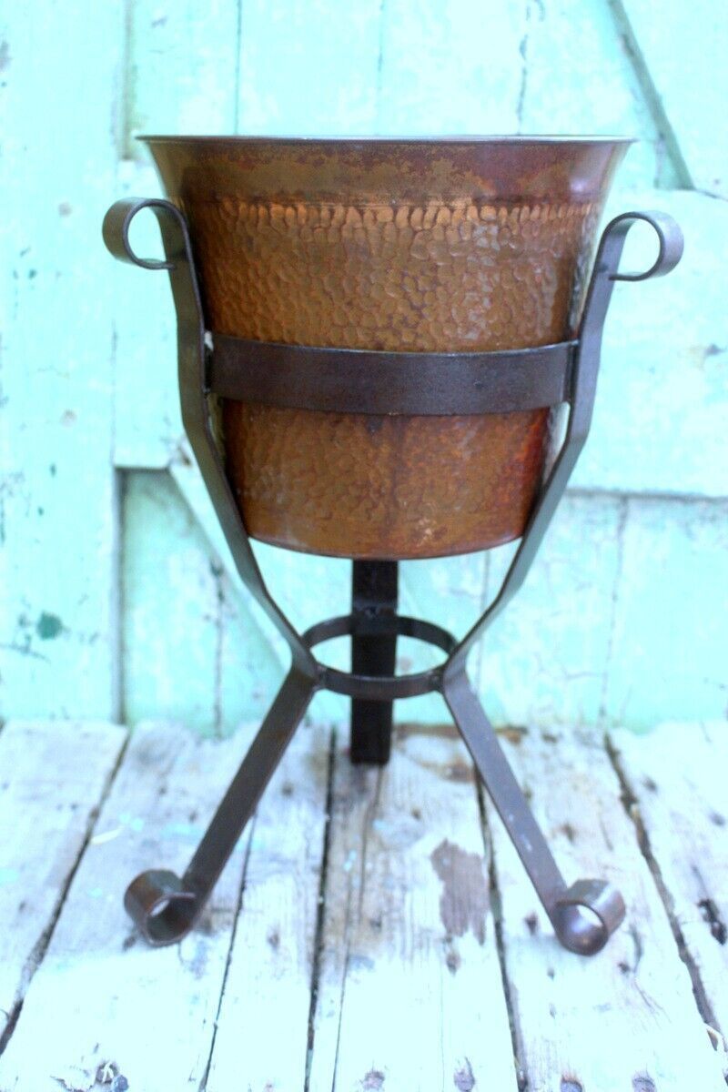 French Vintage Hammered Copper Pot With Cast Iron Support 1960s