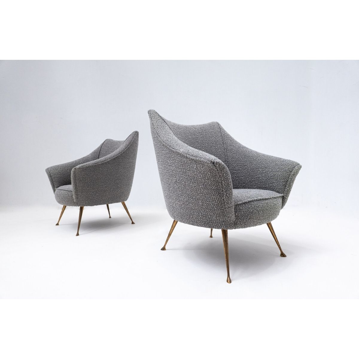 Pair Of Mid Century Modern Grey Armchairs With Brass Feet