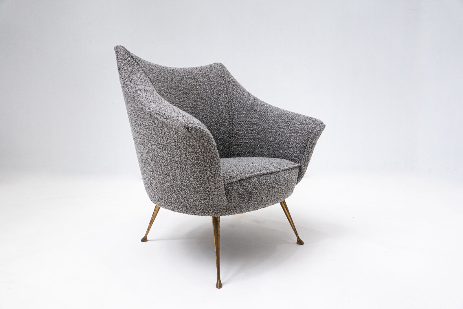 Pair Of Mid Century Modern Grey Armchairs With Brass Feet photo for sale