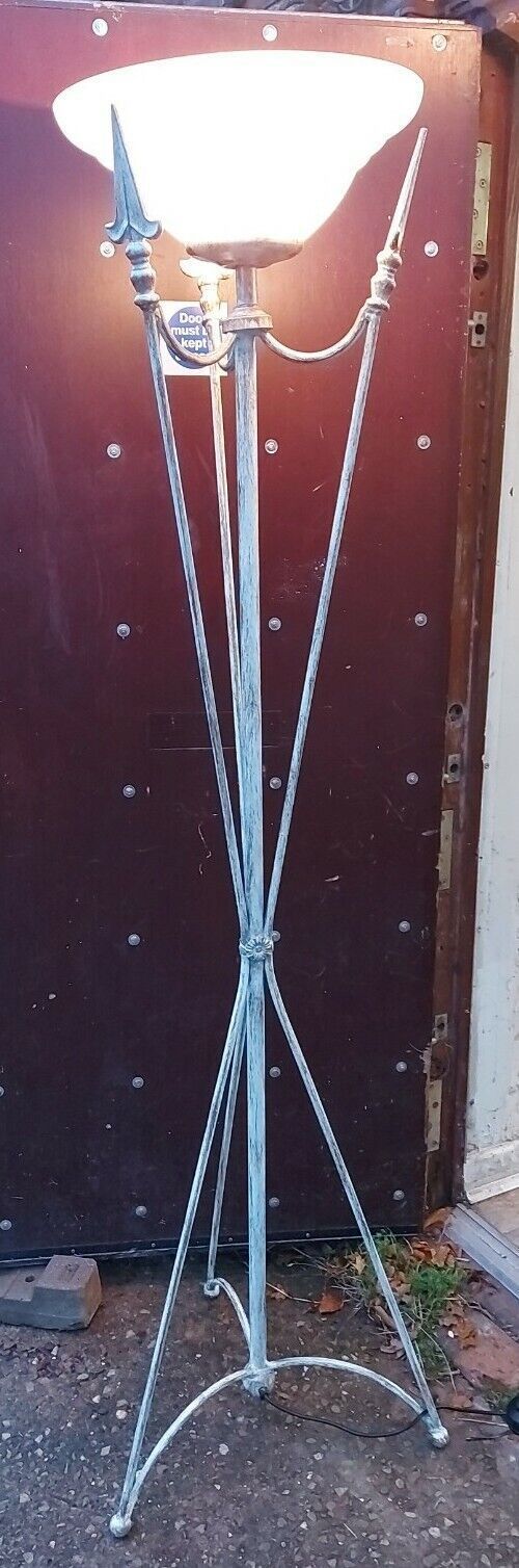 Very Decorative White Brush Effect On Brass Tall Standard Lamp With Frosted Shad photo vintage