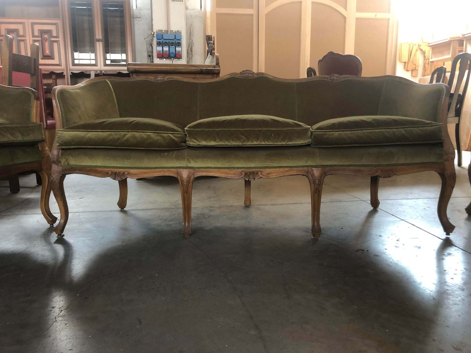 Mid 20th Century Italian Style Armchairs And Sofa In Walnut Wood Carved   Set Of 3 Pieces photo Furniture