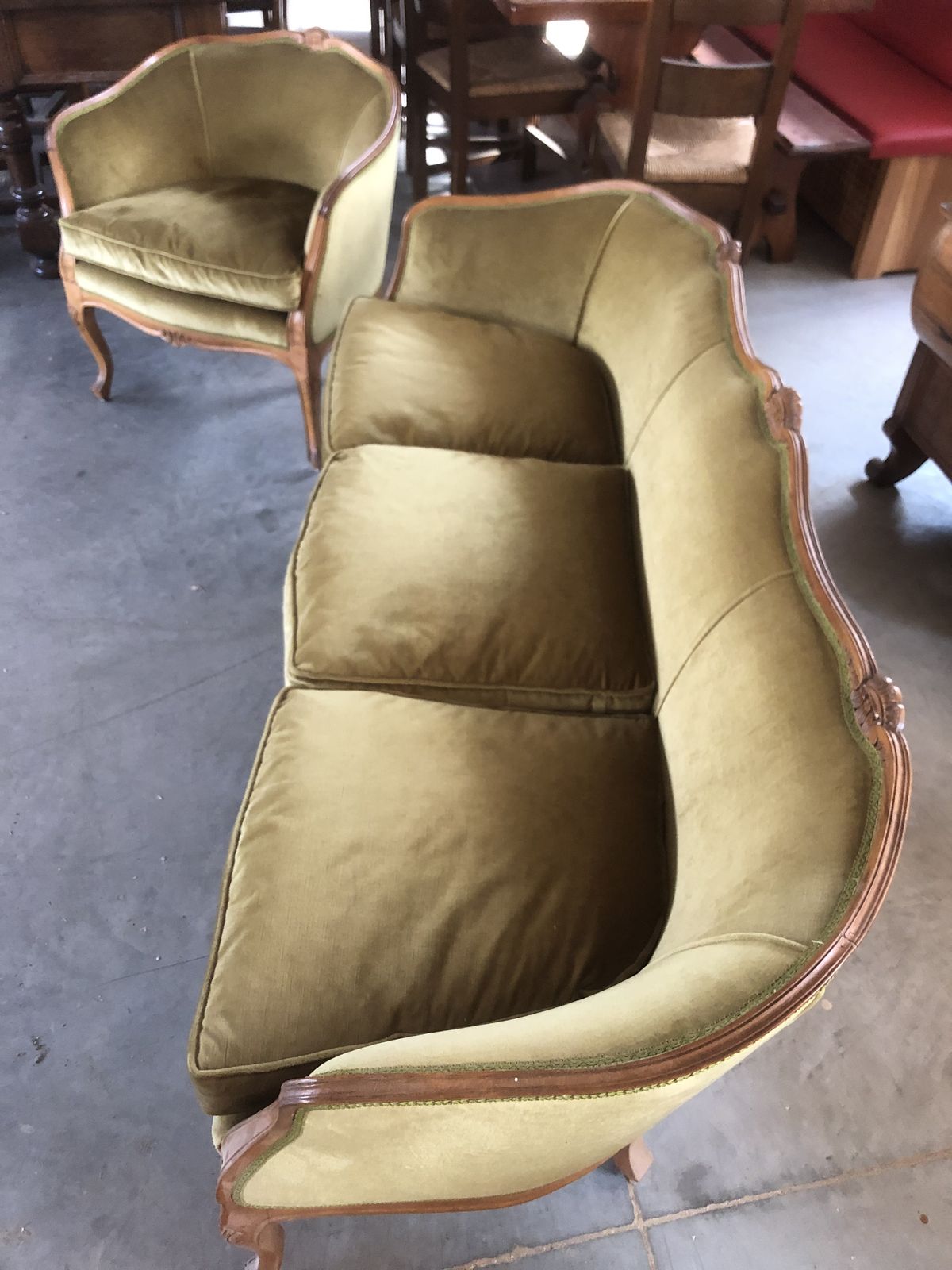photo buy Mid 20th Century Italian Style Armchairs And Sofa In Walnut Wood Carved   Set Of 3 Pieces