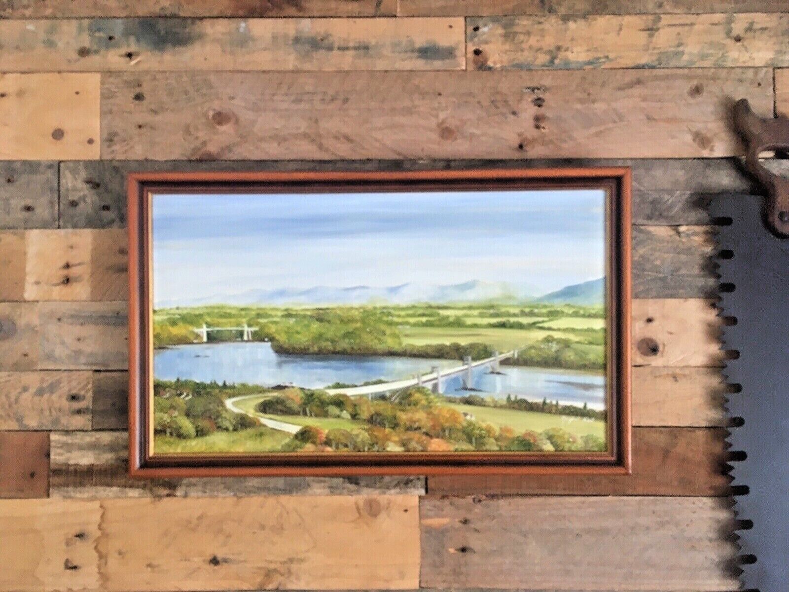 Large Original Margaret Hall Framed Oil Painting Menai Britannia Bridge Anglesey