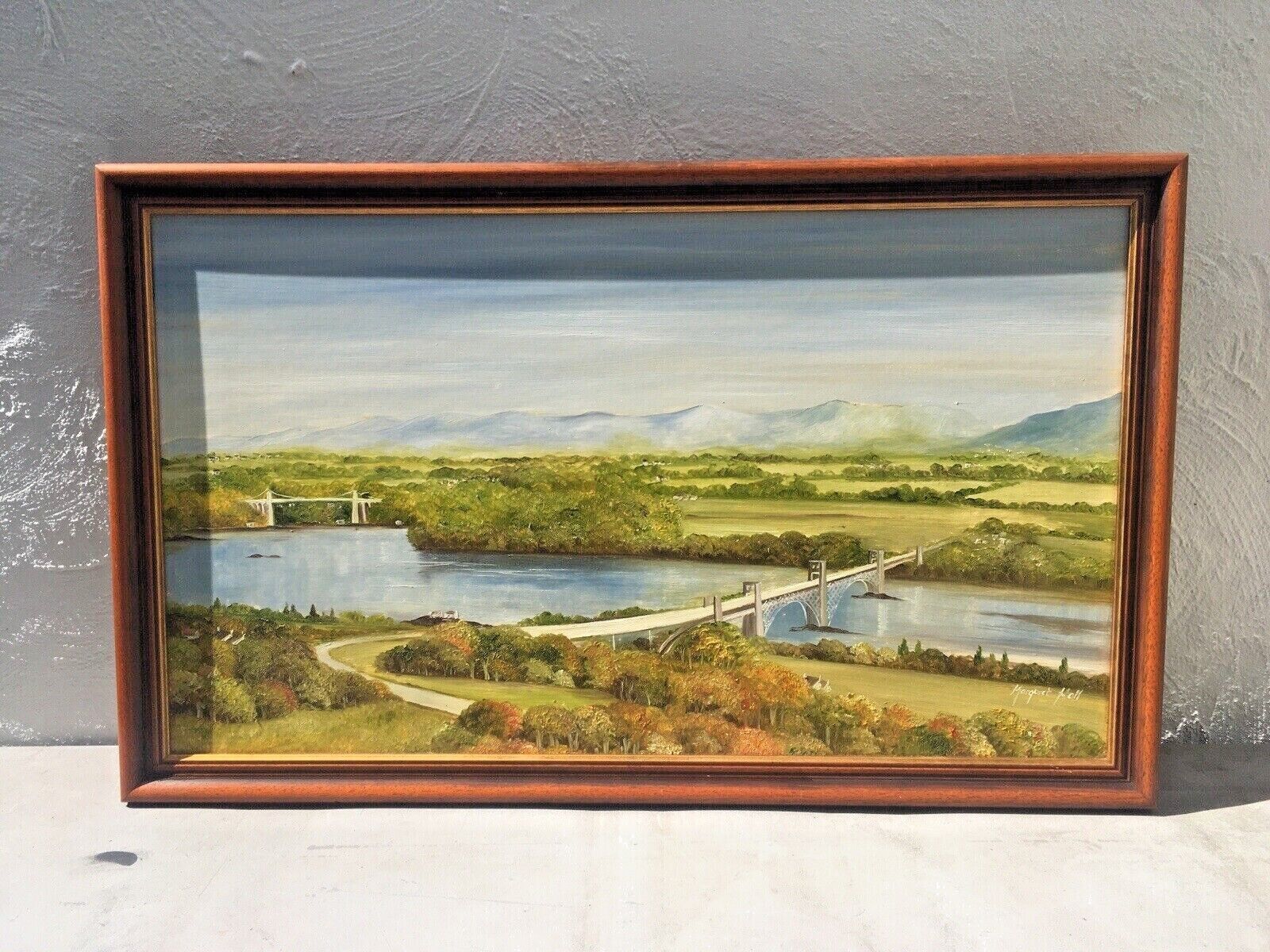 Large Original Margaret Hall Framed Oil Painting Menai Britannia Bridge Anglesey photo vintage