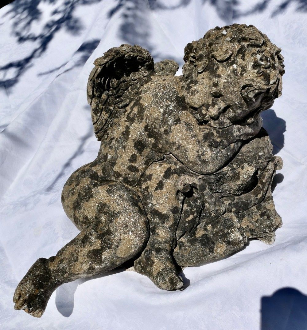 French Weathered Stone Statue Of A Sleeping Putti, Baby Cherub With Wings photo furniture