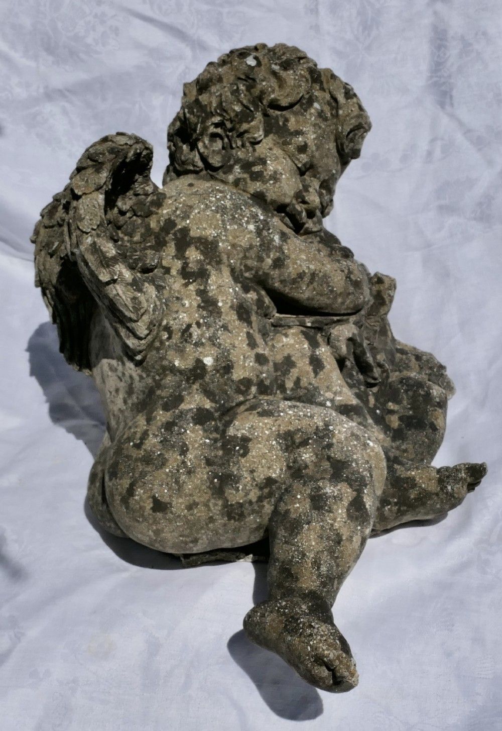 French Weathered Stone Statue Of A Sleeping Putti, Baby Cherub With Wings photo for sale