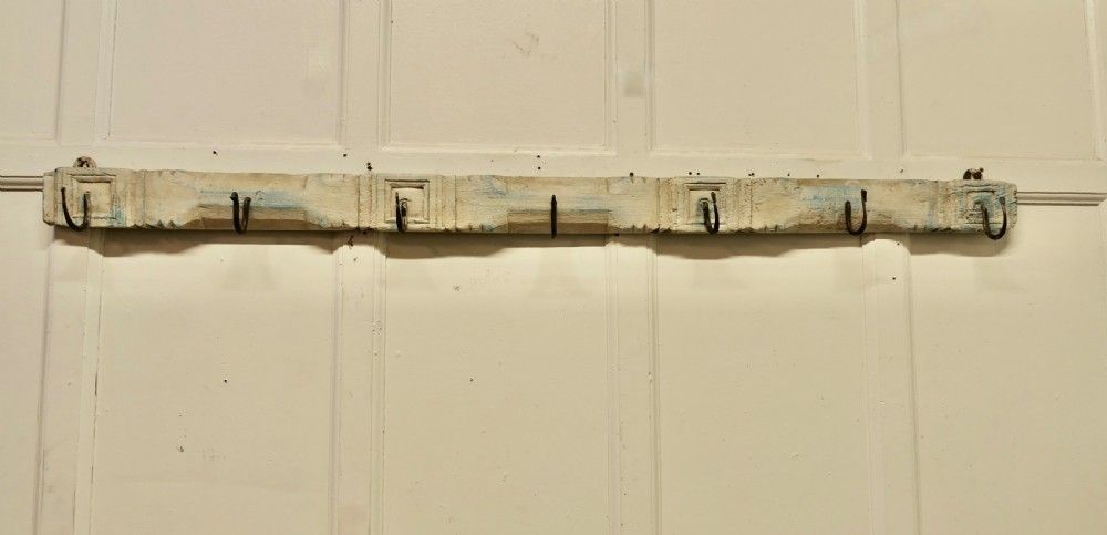 19th Century Folk Art Long Wooden 7 Peg Coat Rack photo for sale