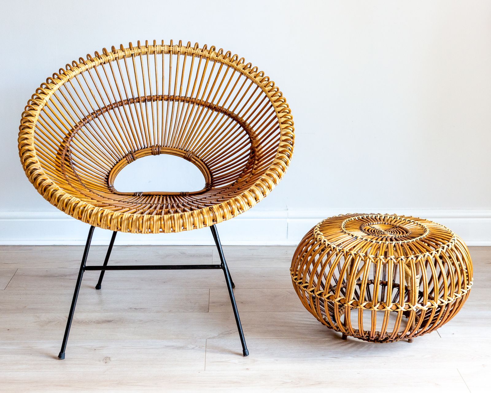 Franco Albini And Janine Abraham & Dirk Jan Rol Sunburst Chair & Lobster Pot Ottoman Footstool 1950s Mcm photo vinterior