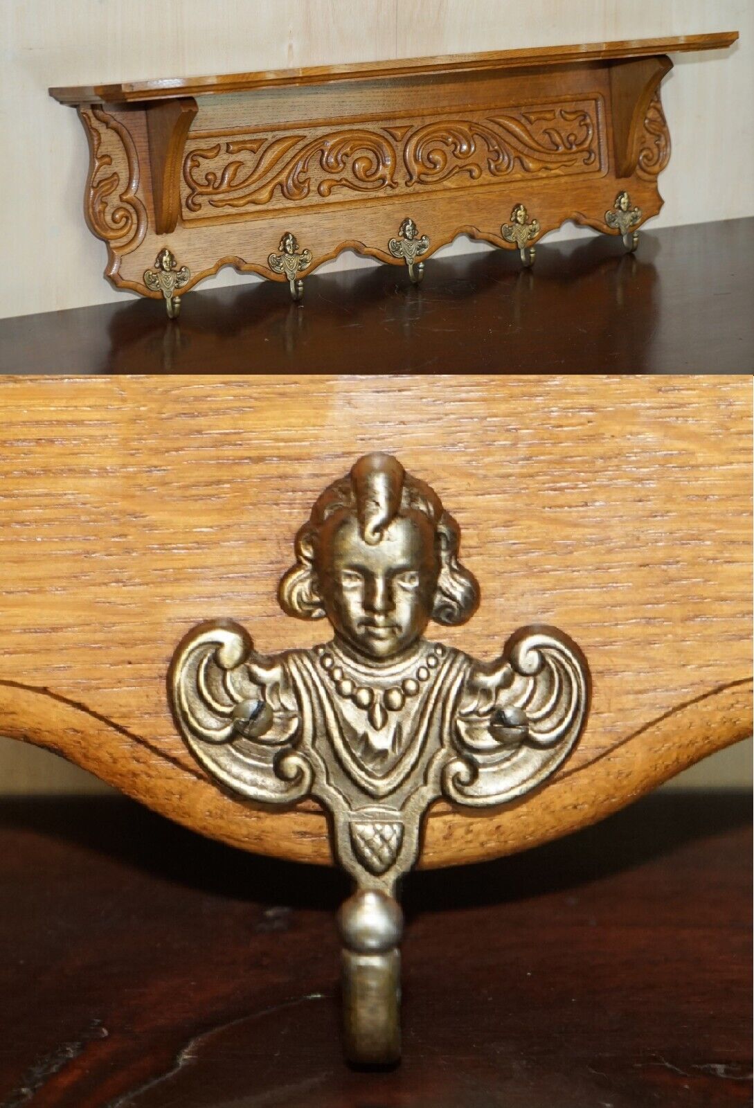 Antique Dutch Hand Carved Oak Coat Hat Scarf Wall Rack Hanger French Hooks photo furniture