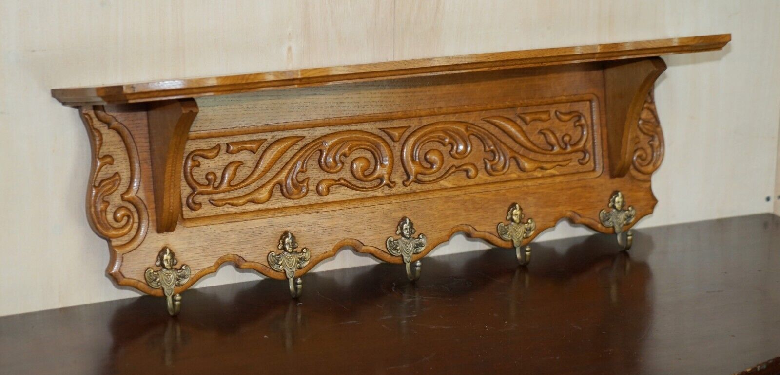 Antique Dutch Hand Carved Oak Coat Hat Scarf Wall Rack Hanger French Hooks photo for sale