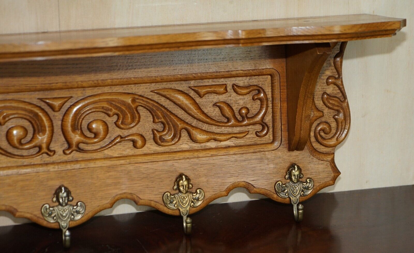 Antique Dutch Hand Carved Oak Coat Hat Scarf Wall Rack Hanger French Hooks photo vinterior