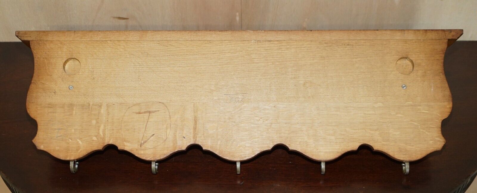 950.0 Antique Dutch Hand Carved Oak Coat Hat Scarf Wall Rack Hanger French Hooks photo