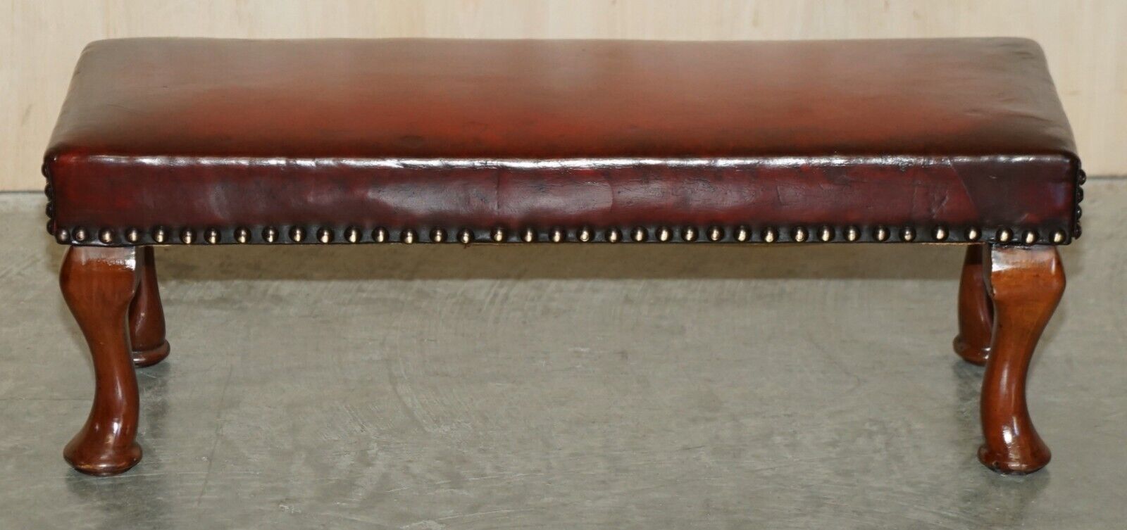 Antique Cabriolet Leg Fully Restored Hand Dyed Bordeaux Leather Tufted Footstool photo furniture