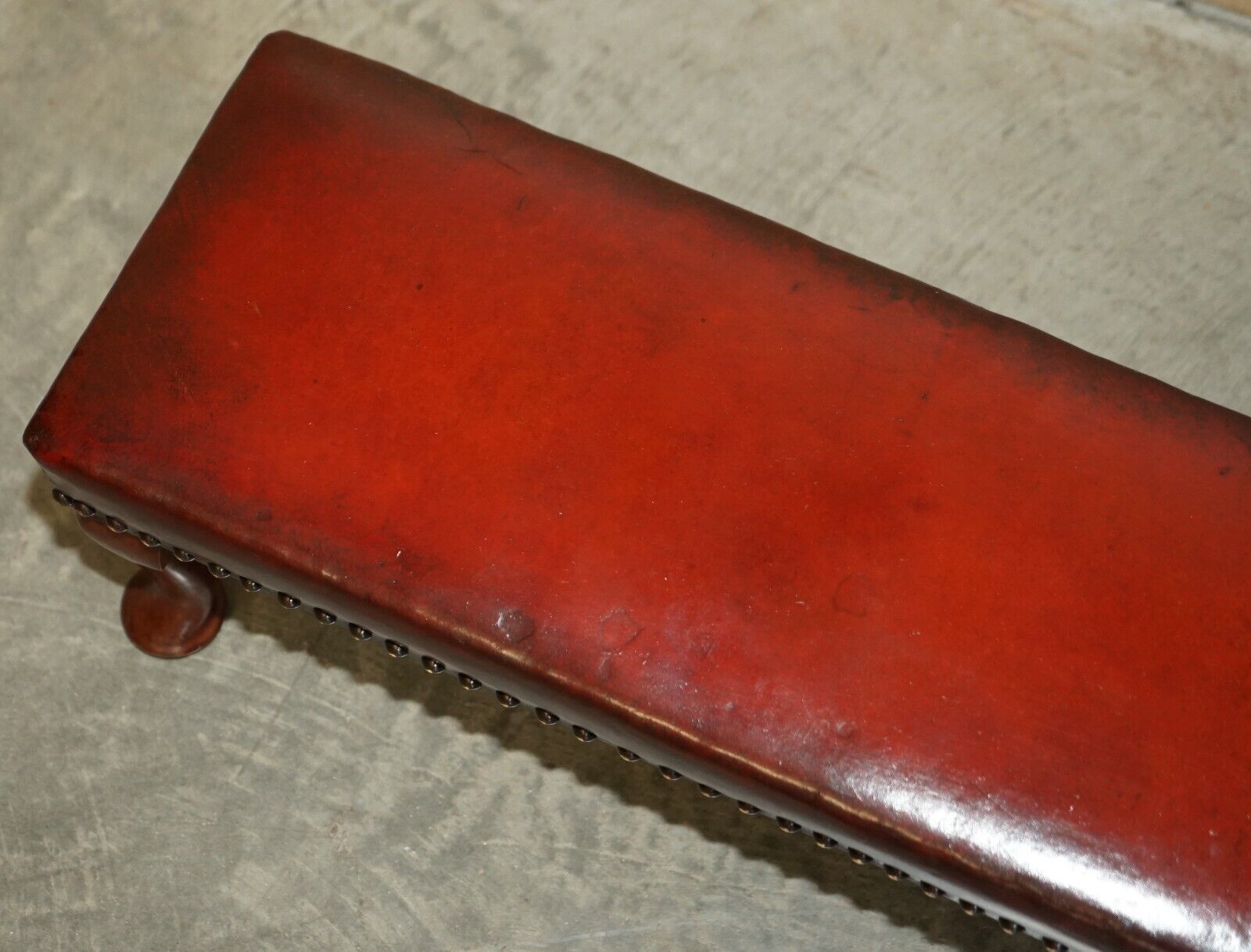 Antique Cabriolet Leg Fully Restored Hand Dyed Bordeaux Leather Tufted Footstool photo Furniture