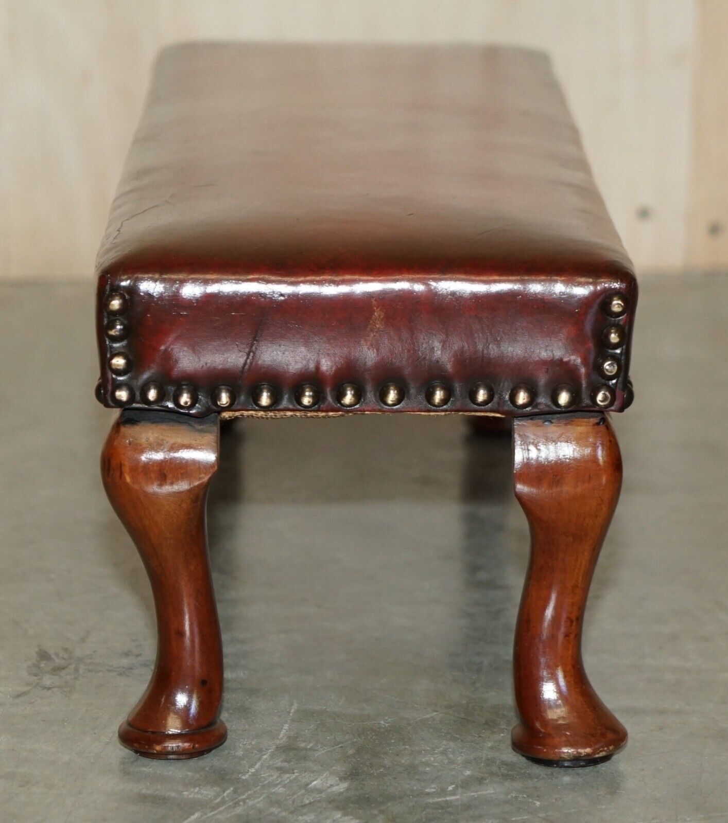 Antique Cabriolet Leg Fully Restored Hand Dyed Bordeaux Leather Tufted Footstool photo buy