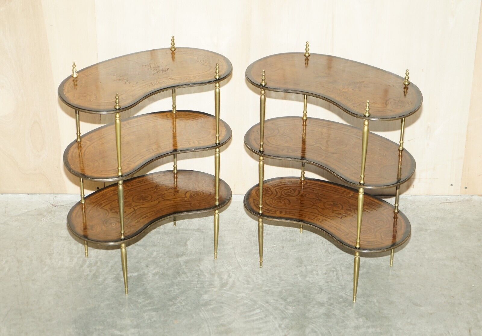 Fine Pair Of Antique Continental Three Tier Kidney Shaped Brass Etagere Tables photo furniture