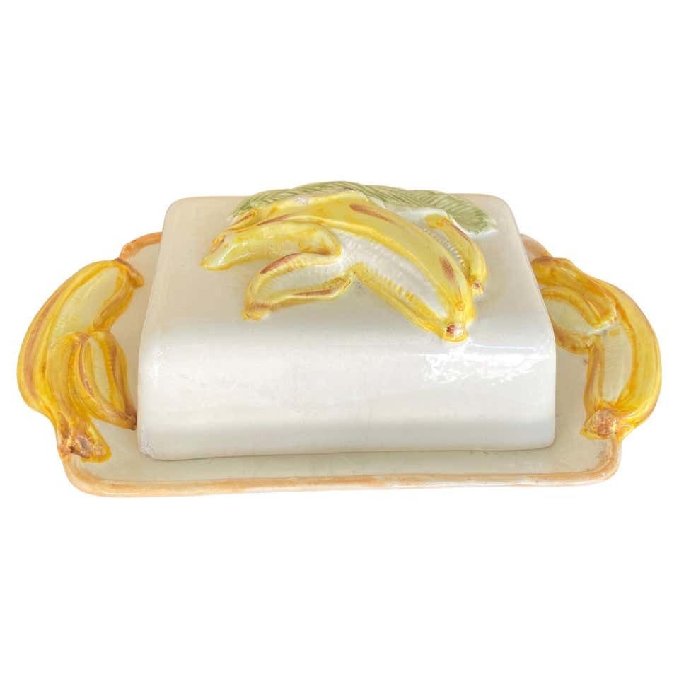 Butter Dish, Ceramic In The Style Of Majolica, Yellow Color, Portugal Circa 1970