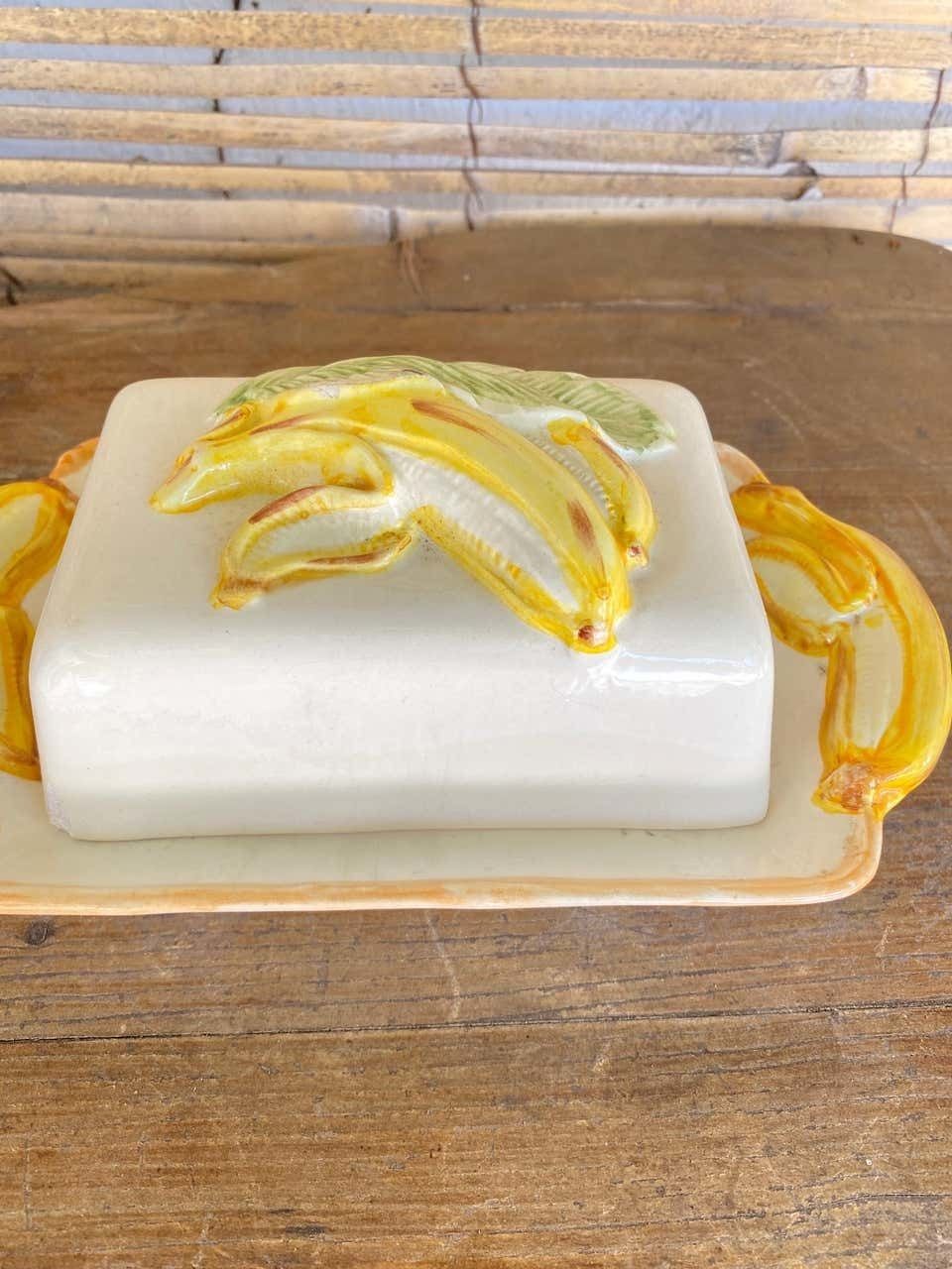 Butter Dish, Ceramic In The Style Of Majolica, Yellow Color, Portugal Circa 1970 photo for sale