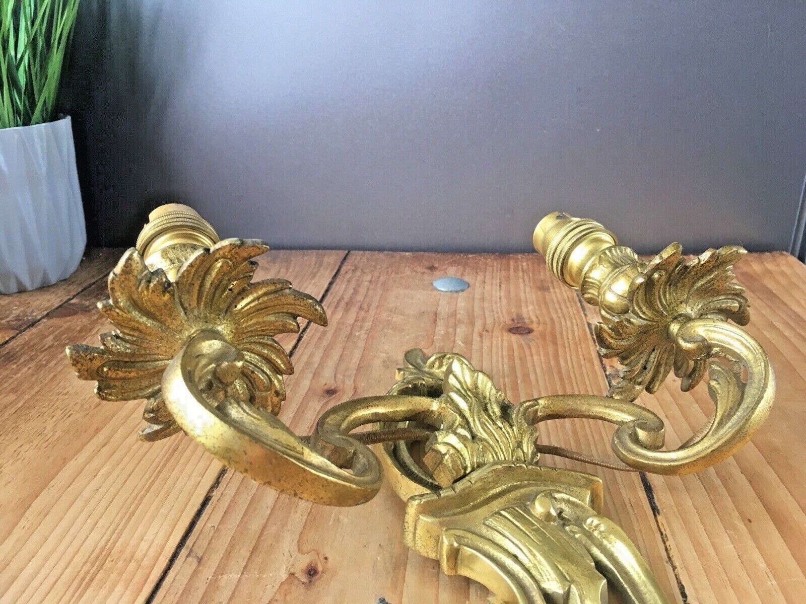 Antique French Louis XV Style Heavy Brass / Bronze Twin Wall Light Candle Sconce photo vintage
